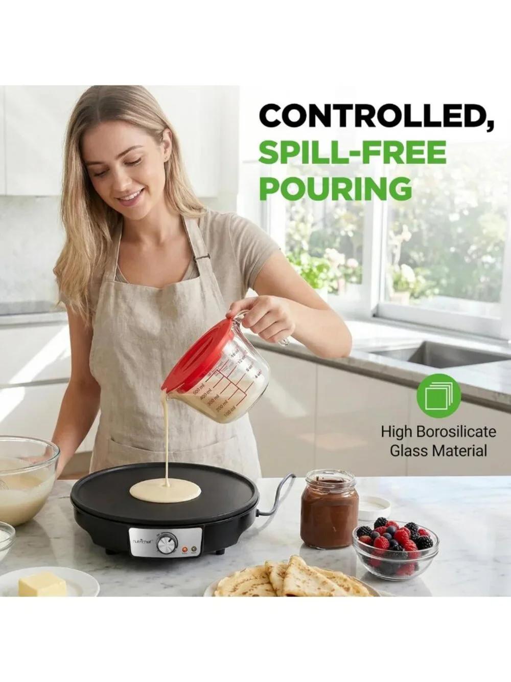 Set of 3 Heat-Resistant Glass Measuring Cups with Lids - Easy-Read Scale for